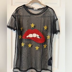 Noisy may Black Sheer Top with Red and Gold Accents